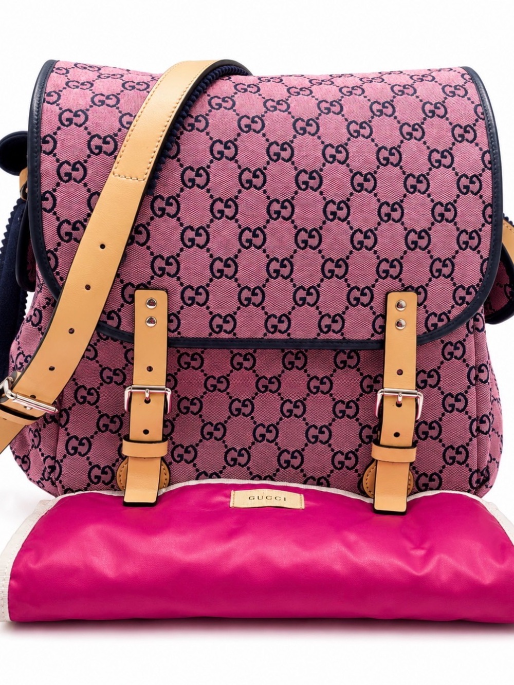 Gucci GG Multicolor Canvas Diaper Bag Pink & Blue with Changing Pad